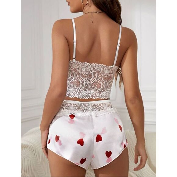 Sexy Lingerie Heart Print Lace Embroidered Strappy Sleepwear Set - Picture 6 of 10
